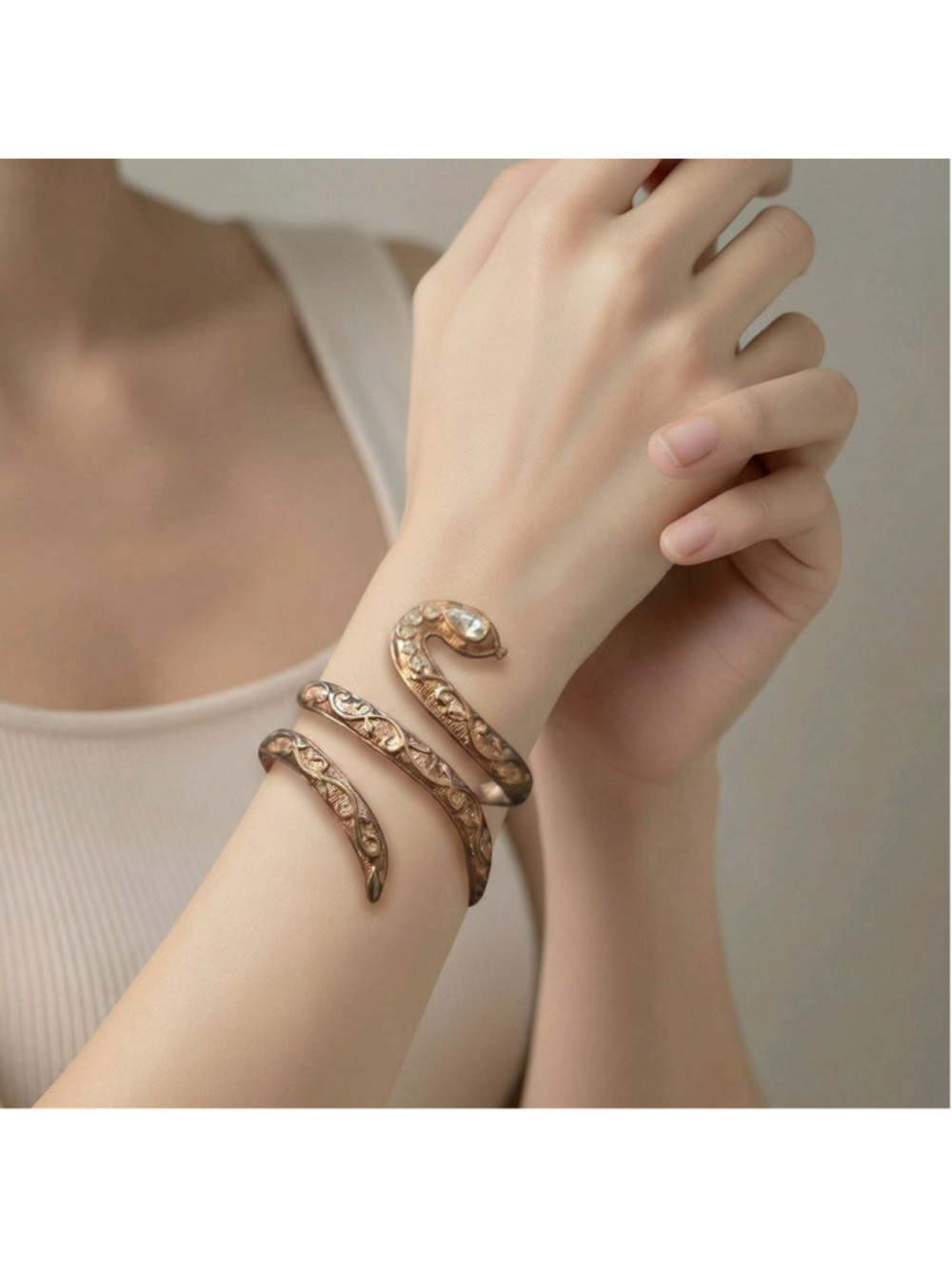 Vintage Rachel Zoe Rose Gold Snake Cuff Bracelet Clear Stone Eyes Adjustable 00s